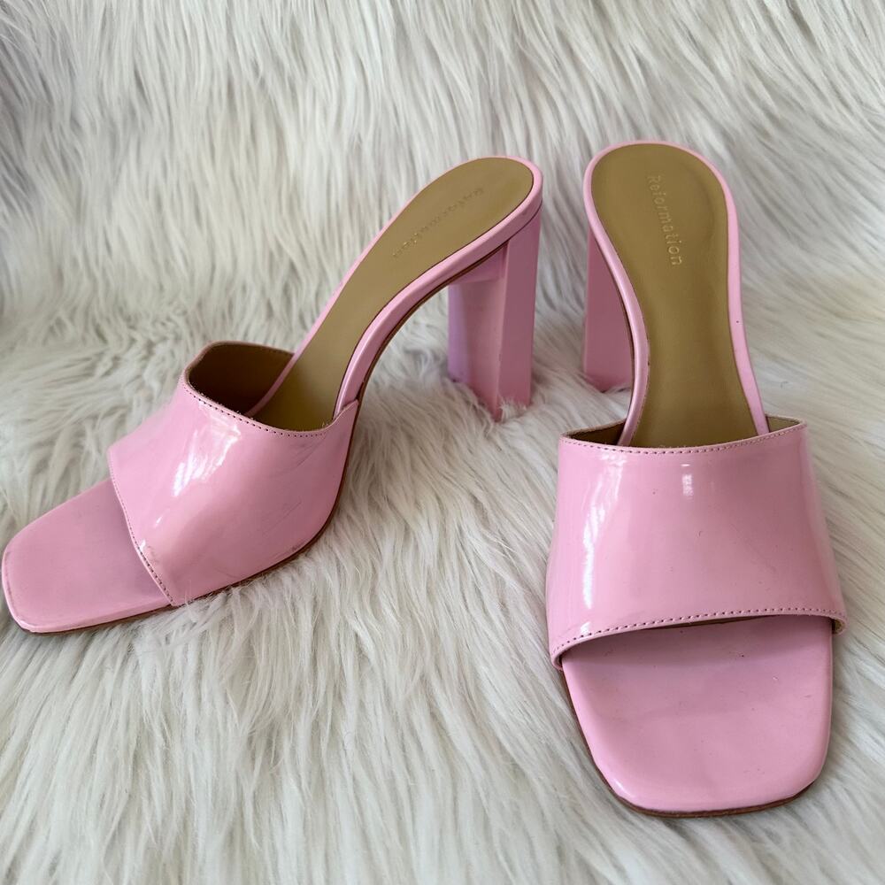 REFORMATION Georgi Block Heel Sandal Patent Leather Square Toe Mule, Pop Pink - Picture 4 of 11